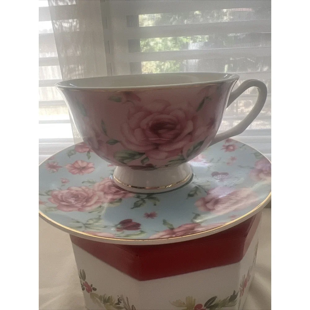 Brew To A Tea BTAT Mug Cup and Saucer Floral Garden Mint  Pink Porcelain Fine Ch